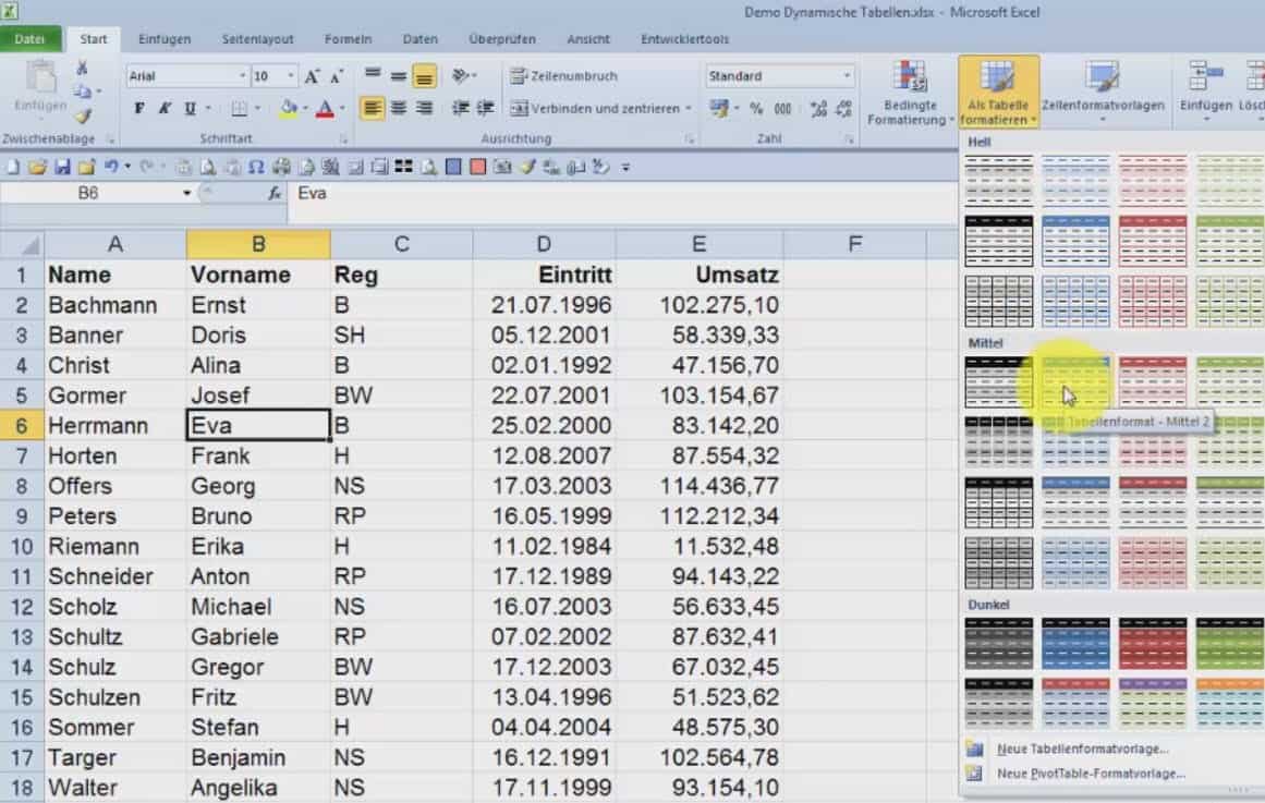 Dynamische Tabelle in Excel und zurück in eine normale ...